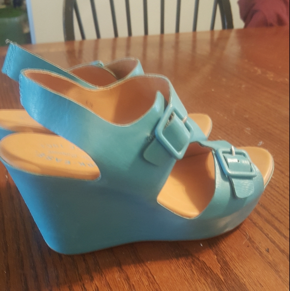 Korkease turquoise buckle wedges size 8